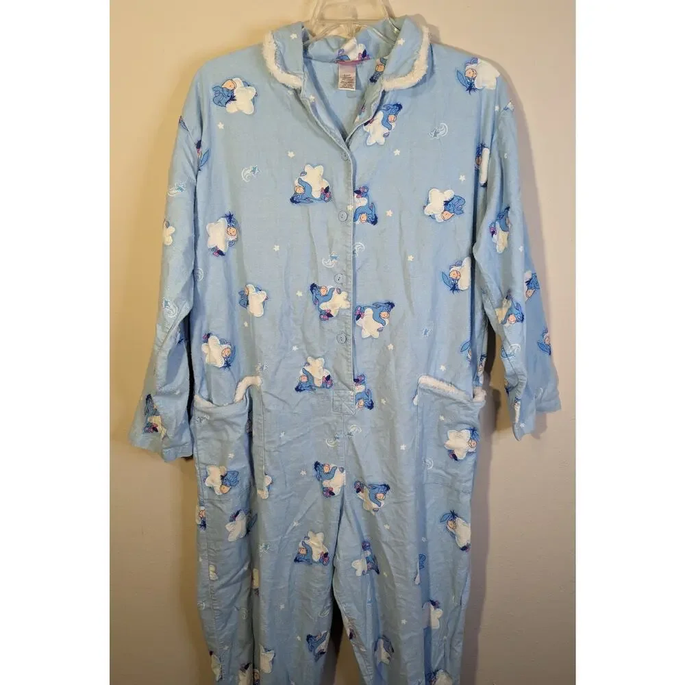 VTG Disney Adult Womens Light Blue Fuzzy Eeyore Clouds Footed Sleeper Pajamas L - Picture 3 of 8